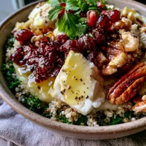 Close-up of a vibrant cranberry quinoa feta salad bowl showing the textures of massaged kale, pearl quinoa, and glossy dressing under natural morning light.