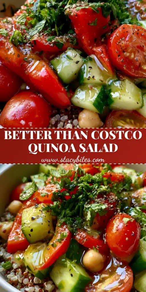 Copycat Costco Quinoa Salad Recipe: The Ultimate Mediterranean Bowl 3 A close-up shot of Copycat Costco Quinoa Salad featuring red and white quinoa, chickpeas, and diced vegetables in a matte white bowl.