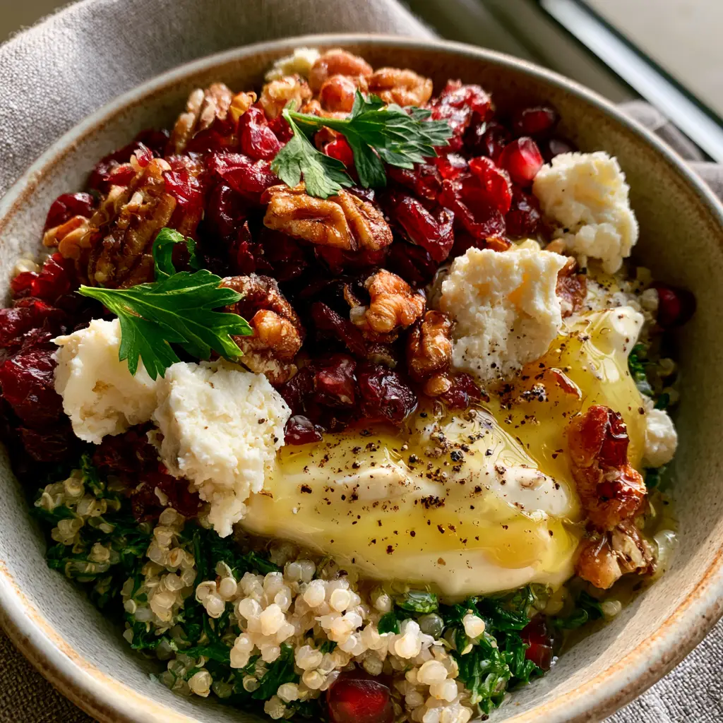 A rustic stoneware bowl filled with cranberry quinoa feta salad, garnished with pomegranate arils and parsley on a grey linen napkin.