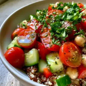 Macro photo of vibrant Mediterranean quinoa salad with glistening vegetables and fresh herbs. (Copycat Costco Quinoa Salad)