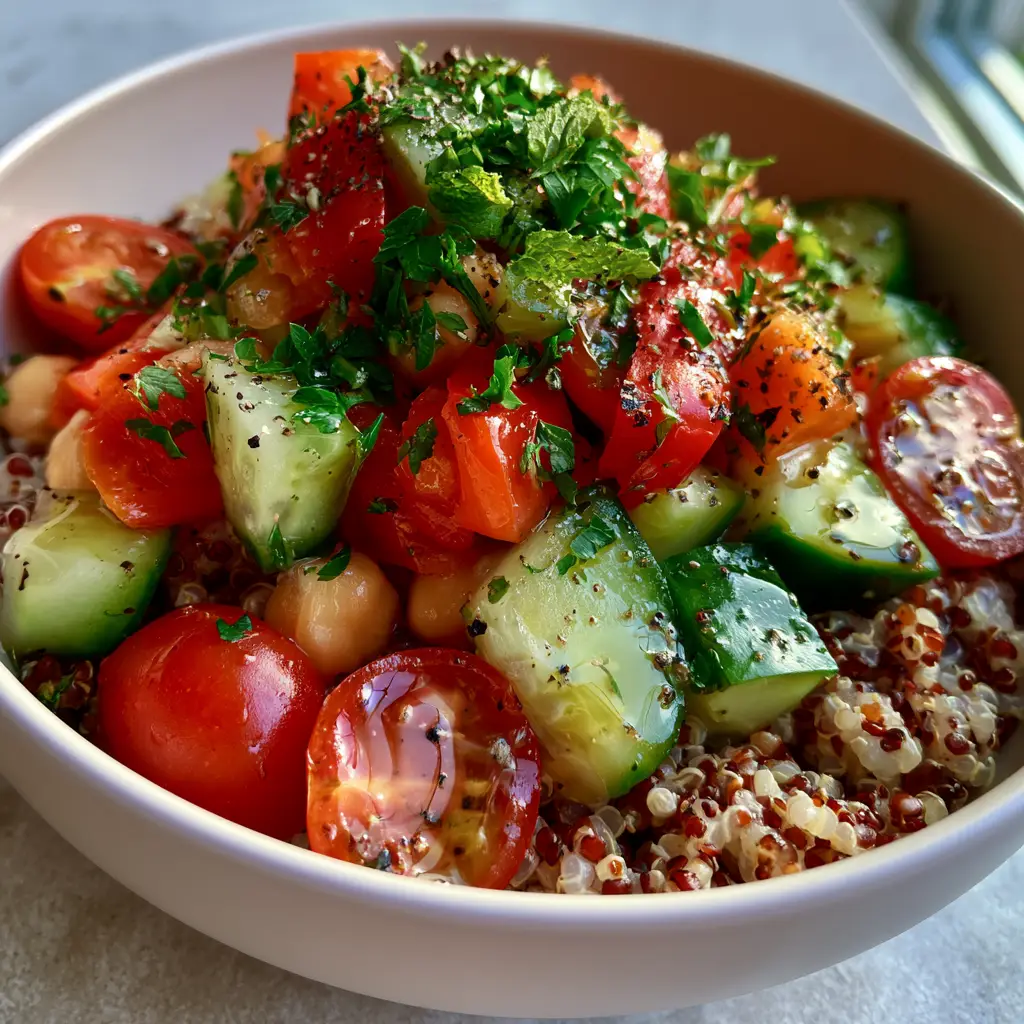 Copycat Costco Quinoa Salad Recipe: The Ultimate Mediterranean Bowl 1 A top-down view of the fluffy red and white quinoa salad with crisp cucumbers and red peppers.