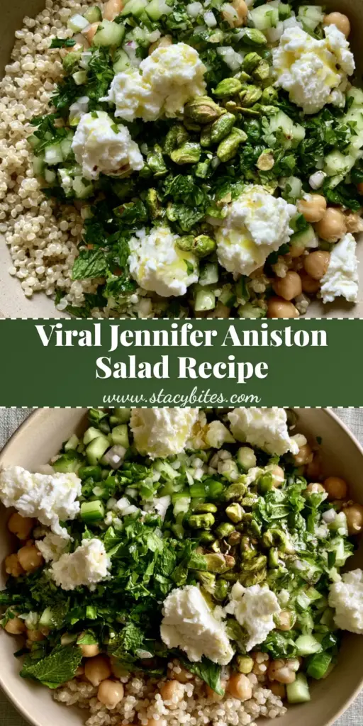 Jennifer Aniston Quinoa Salad: The Ultimate High-Protein Fresh Grain Bowl 4 A top-down view of the famous Jennifer Aniston quinoa salad in a ceramic bowl, showing fluffy quinoa, chickpeas, feta, and emerald pistachios. (jennifer aniston quinoa salad)