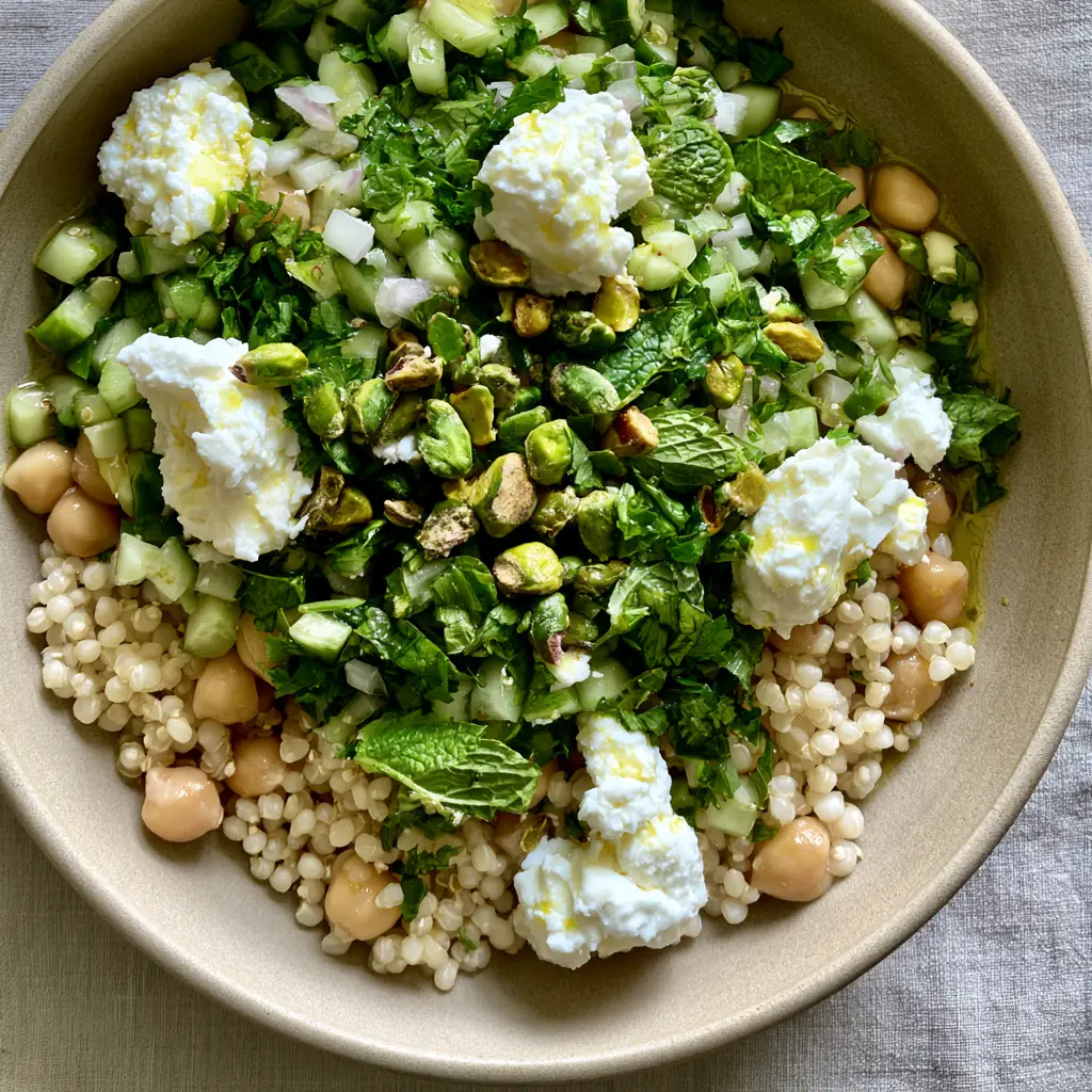 Jennifer Aniston Quinoa Salad: The Ultimate High-Protein Fresh Grain Bowl 2 Smartphone photo of the Jennifer Aniston Quinoa Salad highlighting the texture of the mint, parsley, and creamy feta crumbles. (jennifer aniston quinoa salad)