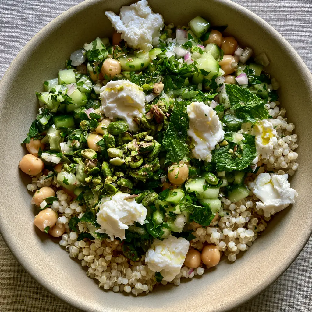 Jennifer Aniston Quinoa Salad: The Ultimate High-Protein Fresh Grain Bowl 1 High-angle shot of the shimmering lemon-olive oil glaze on the jennifer aniston quinoa salad in a matte sand-colored bowl.