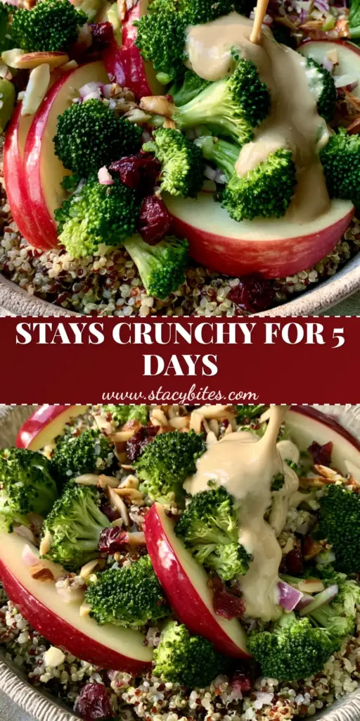 Broccoli Apple Quinoa Salad with Creamy Lemon Tahini Dressing 3 A tall Pinterest-style image of Broccoli Apple Quinoa Salad in a ceramic bowl with creamy tahini dressing and thin apple slices.