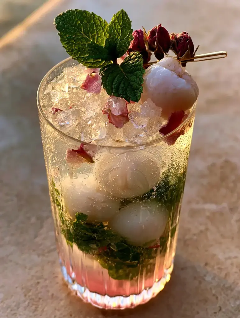 Lychee Rose Mojito: The Ultimate Floral Garden Cocktail Recipe 1 Close-up of the blush-pink gradient and dried rosebud garnish on a Lychee Rose Mojito.
