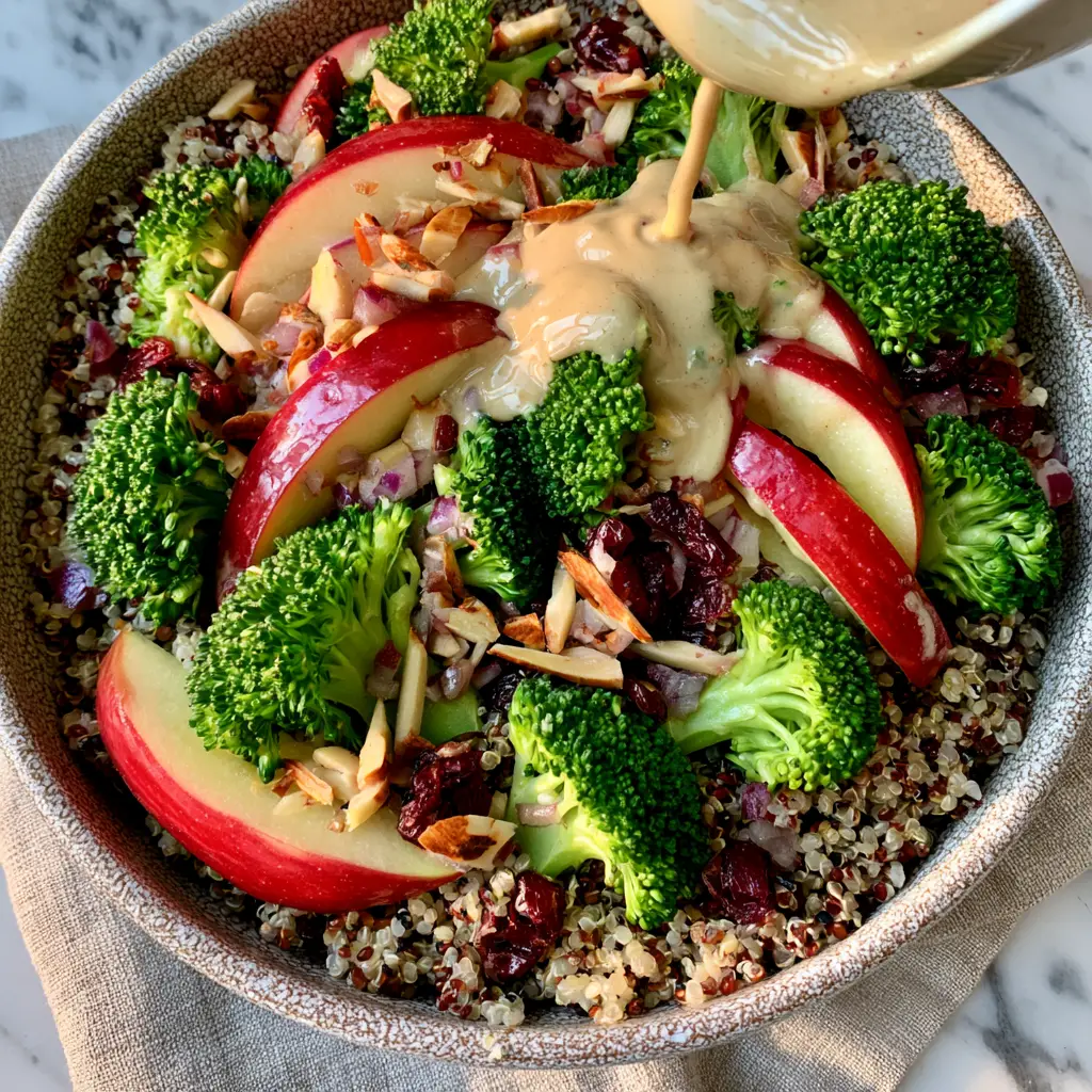 Broccoli Apple Quinoa Salad with Creamy Lemon Tahini Dressing 2 A high-angle close-up of a textured ceramic bowl filled with Broccoli Apple Quinoa Salad, showing tri-color quinoa and red apple slices.