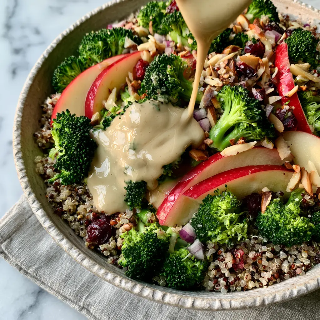 Broccoli Apple Quinoa Salad with Creamy Lemon Tahini Dressing 1 Close-up detail of Broccoli Apple Quinoa Salad showing toasted slivered almonds, dried cranberries, and creamy dressing on broccoli florets.