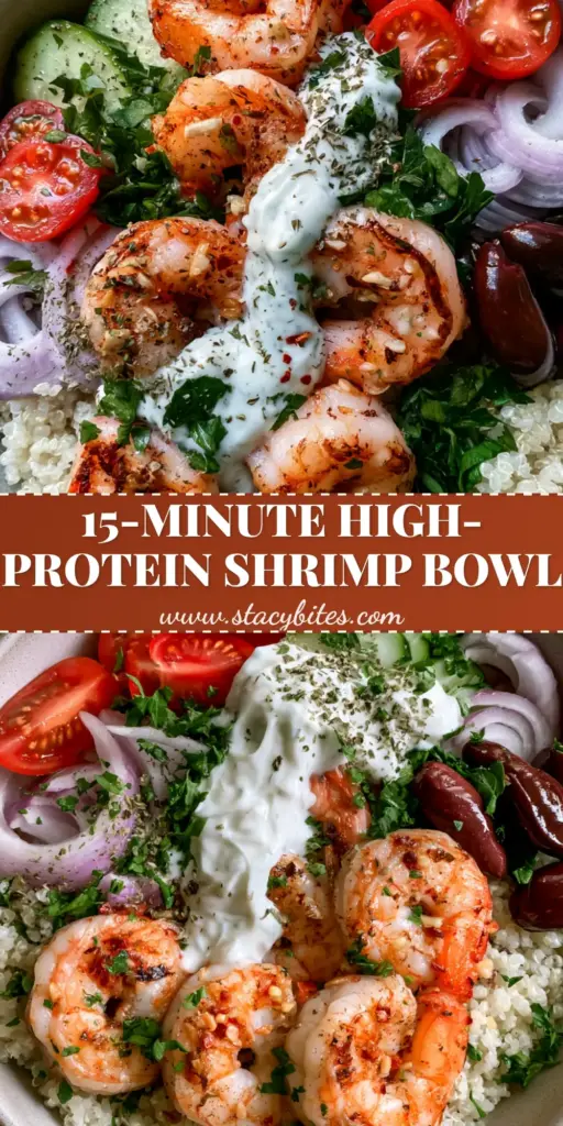 Overhead macro photo of a Mediterranean shrimp quinoa salad bowl with charred garlic shrimp, tzatziki drizzle, and fresh vegetables.