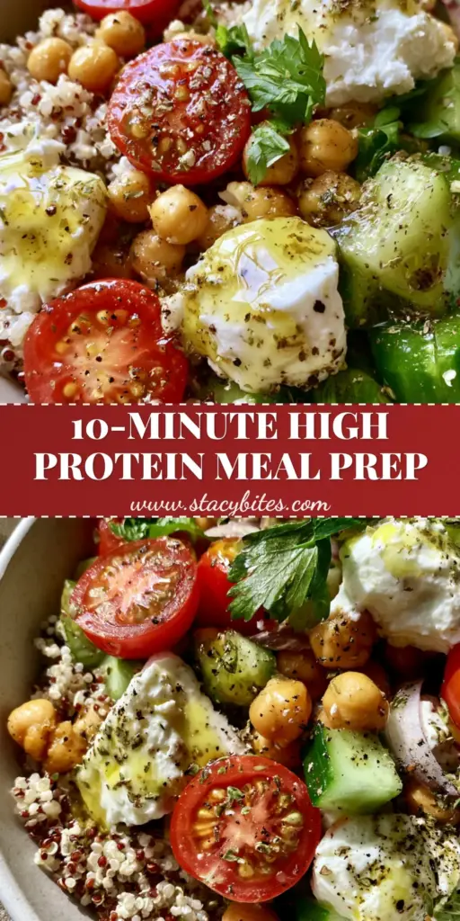 A vertical Pinterest-optimized shot of a vibrant Mediterranean chickpea quinoa salad featuring red and white quinoa, feta, and cherry tomatoes.