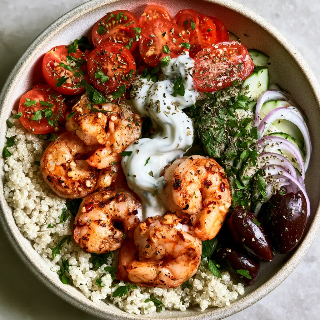 Close up of seared garlic shrimp with charred edges resting on fluffy white quinoa in a shrimp quinoa salad.