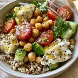 A top-down macro shot of a vibrant chickpea quinoa salad in a white bowl showing fluffy quinoa pearls and juicy tomatoes.