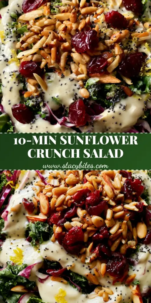 A top-down professional shot of a sunflower crunch salad in a stoneware bowl, featuring vibrant kale, purple cabbage, and a glossy ivory dressing. (sunflower crunch salad)