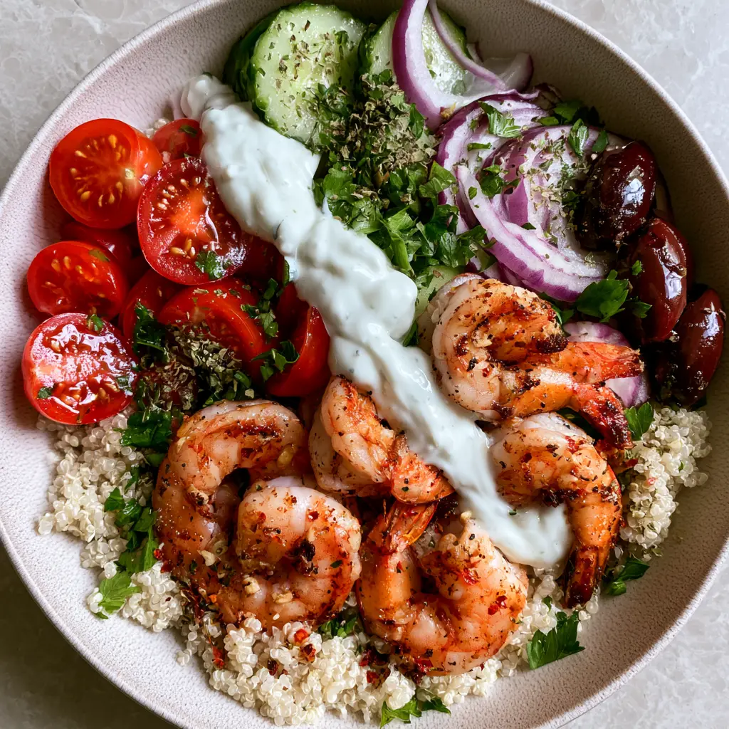 Mediterranean bowl layout showing sliced cucumbers, cherry tomatoes, and Kalamata olives for a shrimp quinoa salad.