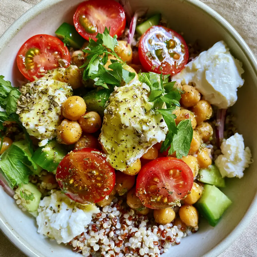 Close-up of chickpea quinoa salad ingredients including golden chickpeas, emerald cucumbers, and creamy feta cheese.