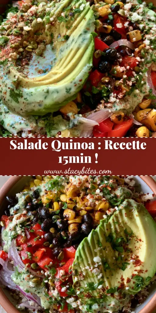 A close-up shot of a salade de quinoa mexicaine in a terracotta bowl featuring charred corn, black beans, and a creamy lime-cilantro dressing.