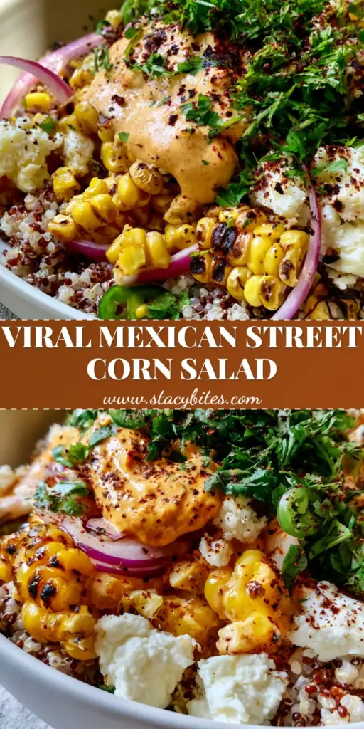 Mexican Street Corn Quinoa Salad with Smoky Chili-Lime Crema 3 A tall Pinterest-style shot of Mexican street corn quinoa salad in a matte white bowl with charred corn, cotija cheese, and smoky lime crema.