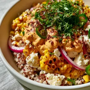 Macro close-up of Mexican street corn quinoa salad showing charred corn kernels and fluffy red and white quinoa grains.