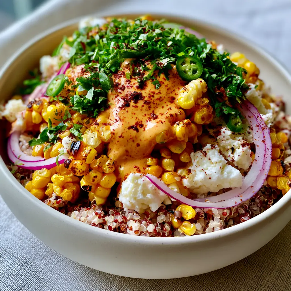 Mexican Street Corn Quinoa Salad with Smoky Chili-Lime Crema 1 Overhead view of a bowl of Mexican street corn quinoa salad drizzled with orange-tinted smoky chili-lime crema.