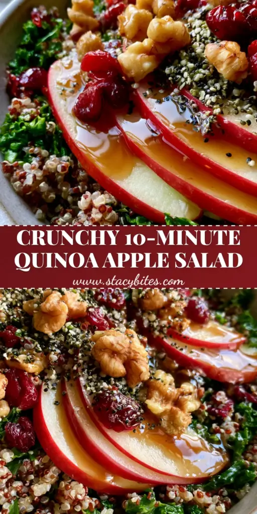 Quinoa Apple Salad with Maple Balsamic Vinaigrette and Kale 3 A tall Pinterest pin showing a vibrant quinoa apple salad with Honeycrisp apples, walnuts, and kale in a matte bowl.