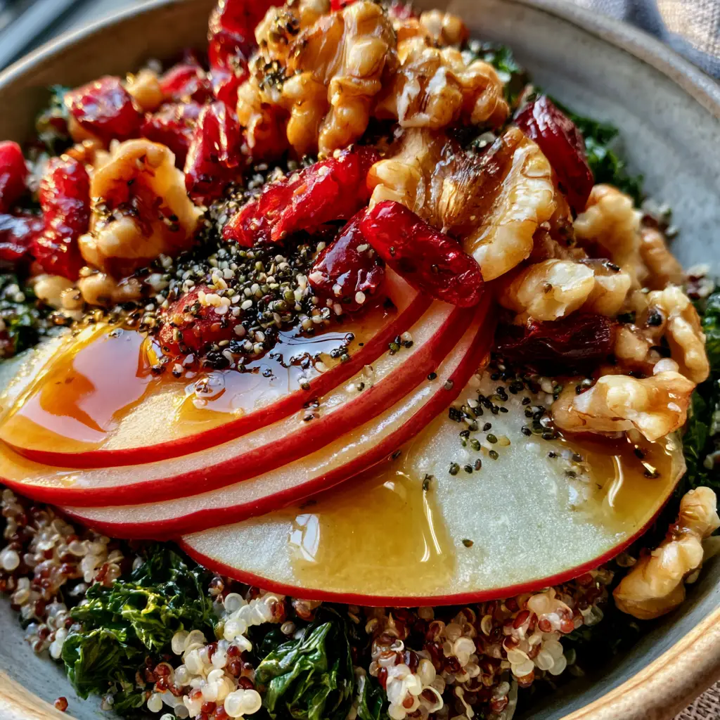 Quinoa Apple Salad with Maple Balsamic Vinaigrette and Kale 1 Top-down view of the quinoa apple salad featuring crescent apple slices, golden walnuts, and black hemp seeds.