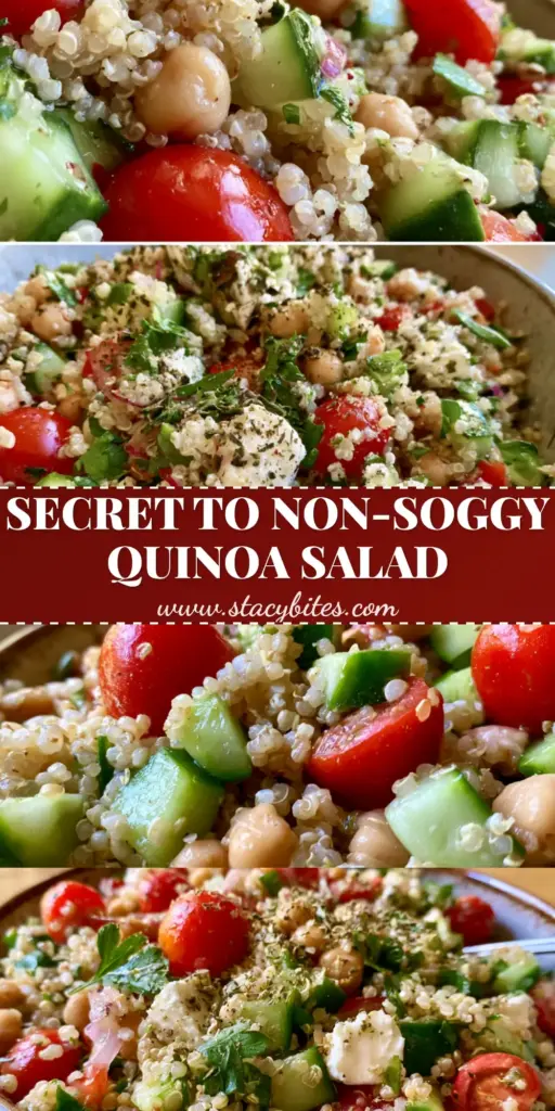 Vertical photo of Easy Quinoa Salad in a rustic bowl with fluffy quinoa, chickpeas, cherry tomatoes, and feta cheese.