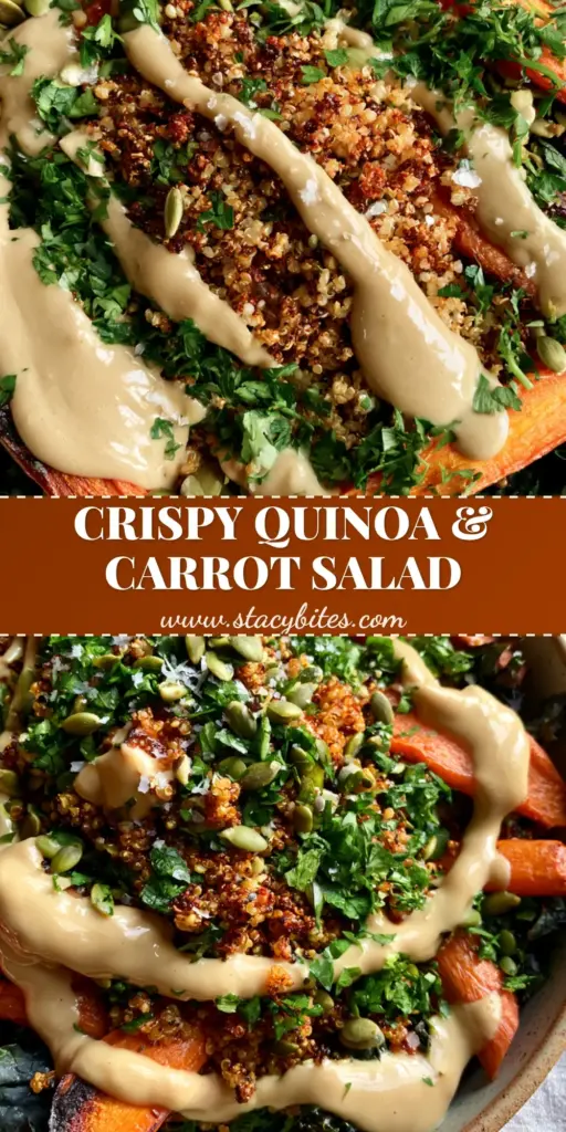 A top-down view of a Crispy quinoa and carrot salad with charred carrots, toasted quinoa, and a maple tahini drizzle in a rustic bowl.