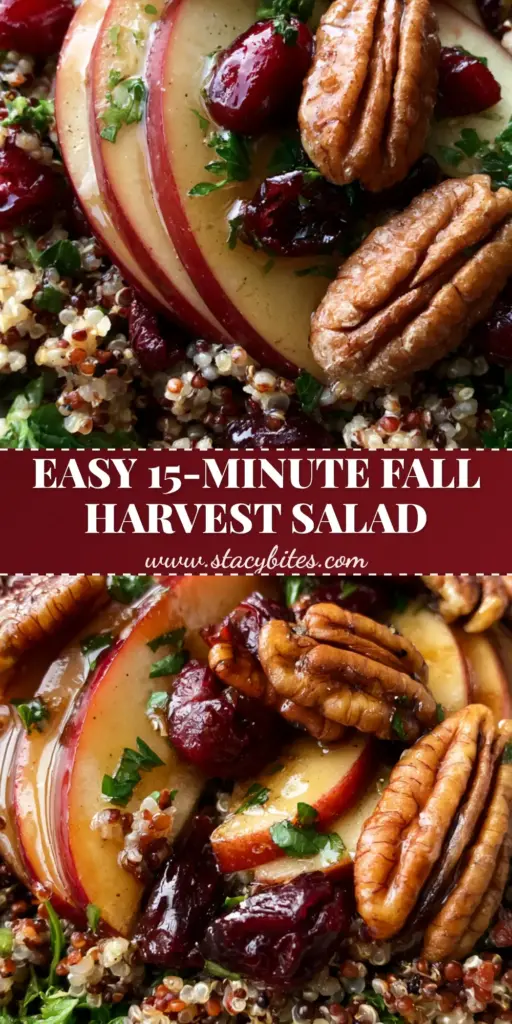 Apple Cranberry Quinoa Salad with Honey Balsamic Vinaigrette 3 A tall Pinterest pin showing a vibrant Apple Cranberry Quinoa Salad with sliced fuji apples and toasted pecans in a ceramic bowl.