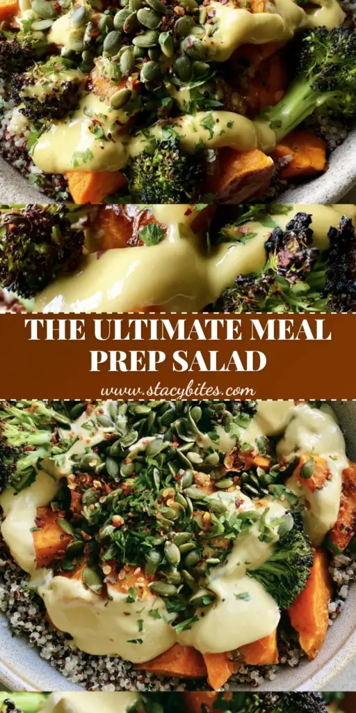 Roasted Broccoli Sweet Potato Quinoa Salad with Lemon Tahini 4 A top-down view of a roasted broccoli sweet potato quinoa salad in a matte stoneware bowl with thick tahini drizzle and green pepitas.