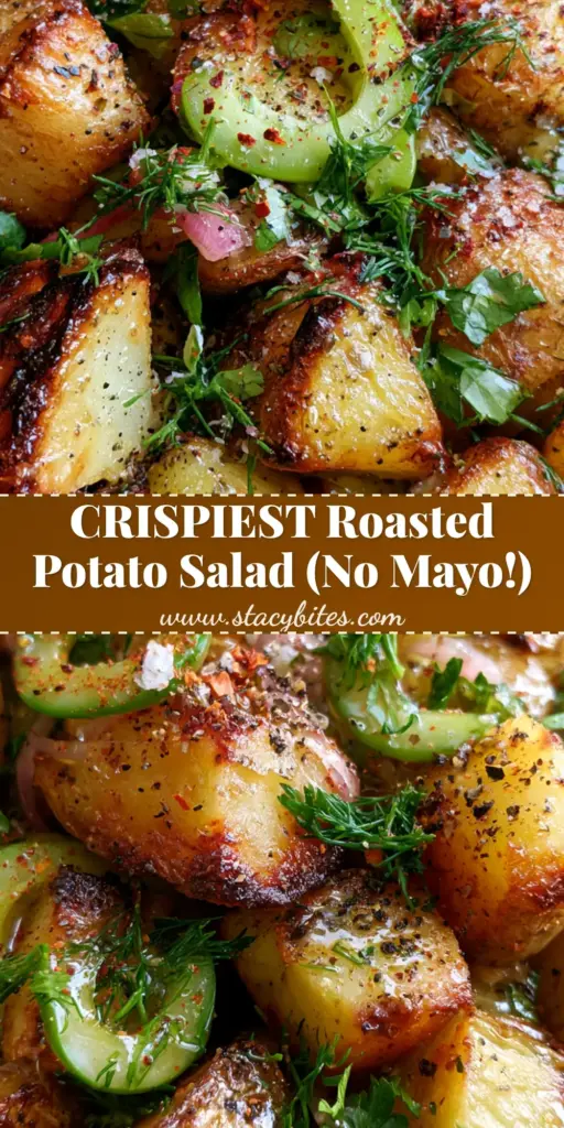A close-up of Mediterranean roasted potato salad in a charcoal bowl with crispy gold potatoes, cucumbers, and fresh herbs.