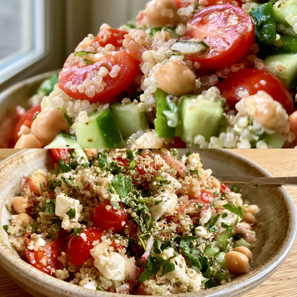Handheld smartphone photo of Easy Quinoa Salad in a ceramic bowl on a wooden table.