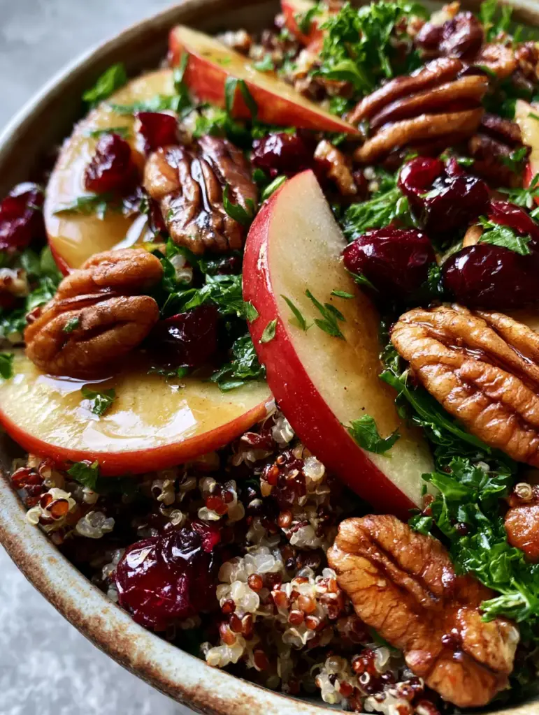 Apple Cranberry Quinoa Salad with Honey Balsamic Vinaigrette 2 A macro shot of Apple Cranberry Quinoa Salad showing the grainy texture of tri-color quinoa and moist fuji apple skins.