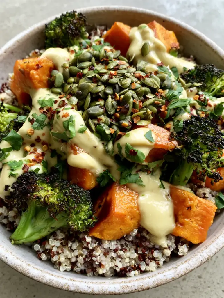Split screen view showing the wide angle and macro details of charred broccoli and caramelized sweet potato in the roasted broccoli sweet potato quinoa salad.