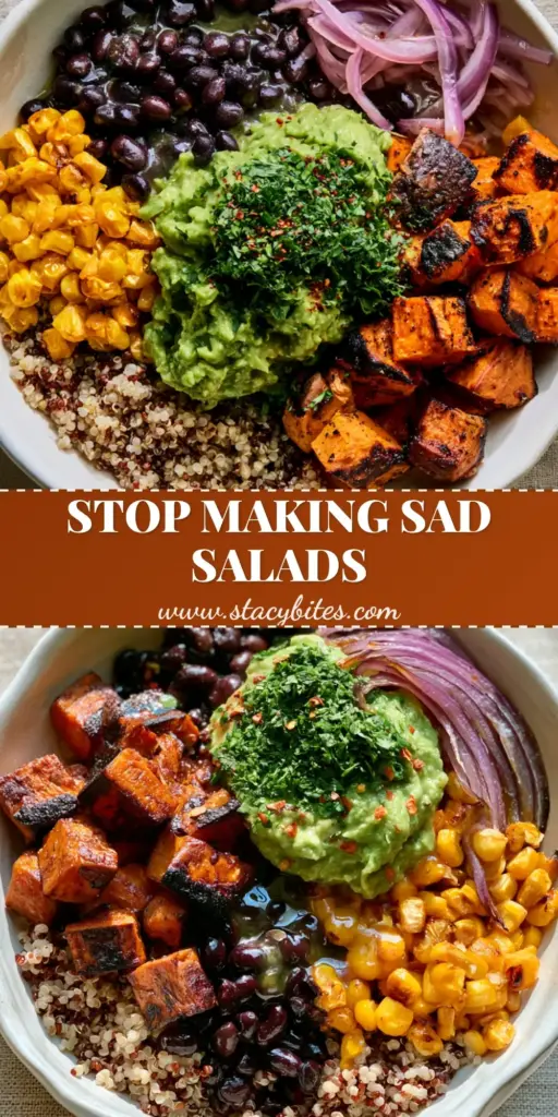 Sweet potato black bean quinoa salad: The Ultimate Mexican Power Bowl 3 A handheld smartphone photo of a vibrant sweet potato black bean quinoa salad in a white ceramic bowl featuring charred corn and avocado mash.