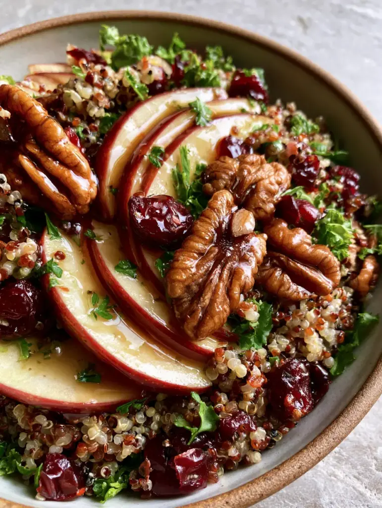 Apple Cranberry Quinoa Salad with Honey Balsamic Vinaigrette 1 Side view of a rustic ceramic bowl filled with Apple Cranberry Quinoa Salad, glistening with honey balsamic vinaigrette.