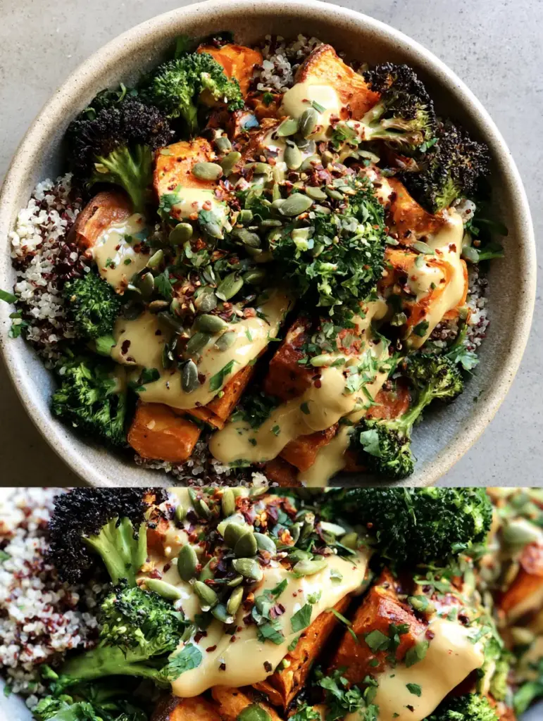 Roasted Broccoli Sweet Potato Quinoa Salad with Lemon Tahini 1 Extreme macro close-up of a thick pale-yellow tahini dressing drizzled over roasted broccoli sweet potato quinoa salad.