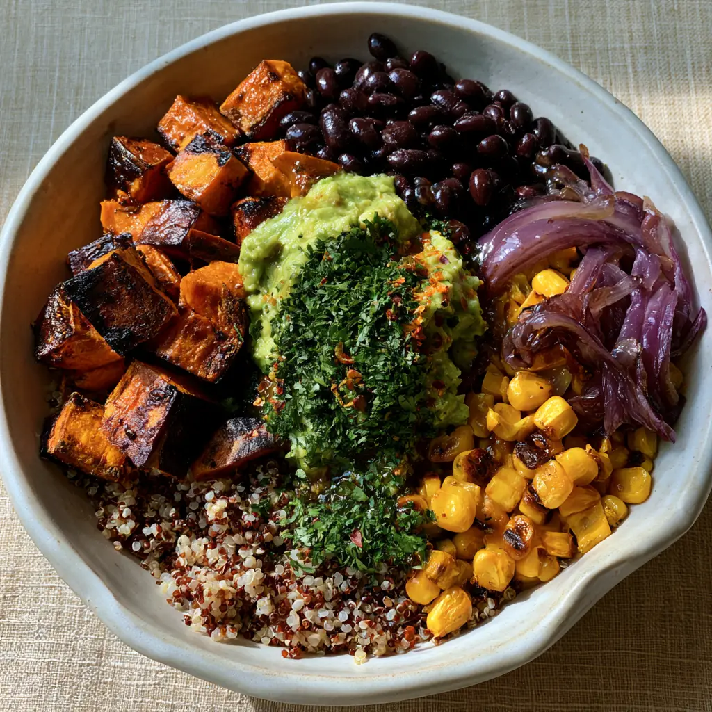 Close up of caramelized sweet potatoes and fluffy red and white grains in a sweet potato black bean quinoa salad.