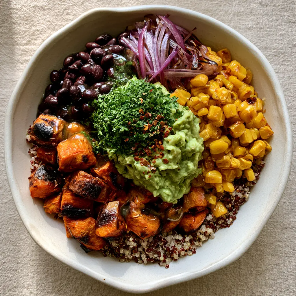 Sweet potato black bean quinoa salad: The Ultimate Mexican Power Bowl 1 A top-down view of a Mexican power bowl with glossy black beans, cilantro, and red chili flakes.