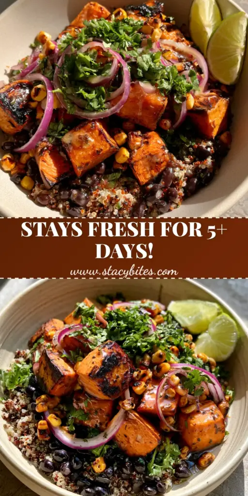 Vertical pin showing a vibrant Black Bean Sweet Potato Quinoa Salad with charred corn, caramelized sweet potatoes, and lime wedges in a cream bowl.