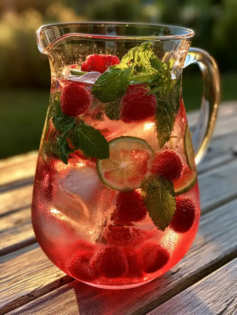 Close-up of a translucent pink Raspberry Mojito pitcher glowing in the golden hour sunlight with fine bubbles and condensation.