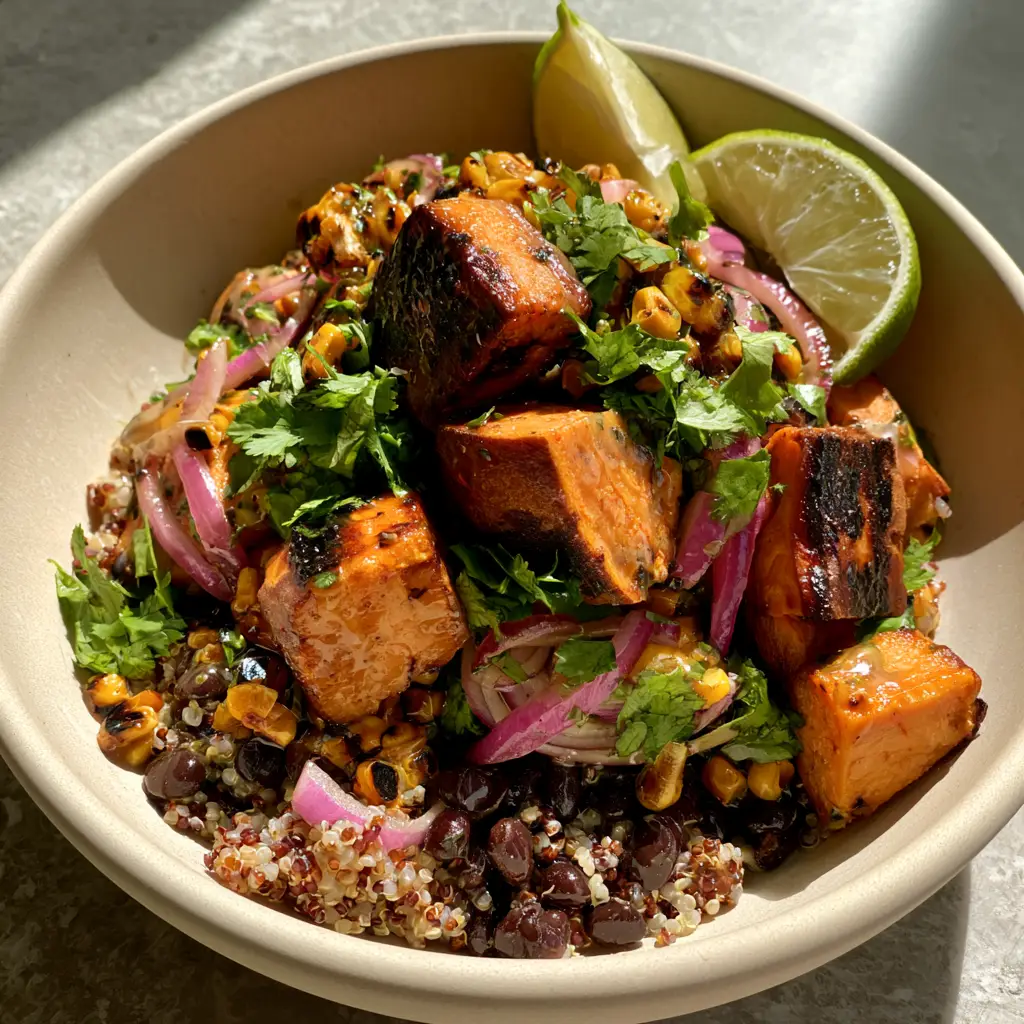 A high-angle smartphone photo of Black Bean Sweet Potato Quinoa Salad in a cream ceramic bowl featuring fluffy tri-color quinoa and charred edges on sweet potatoes.