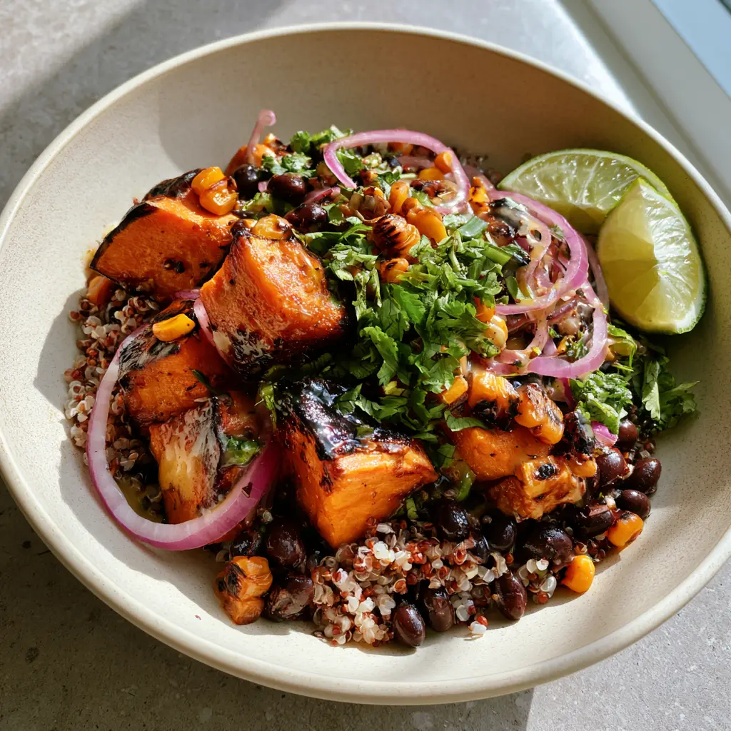 Close up of caramelized sweet potato cubes and charred corn kernels in a Black Bean Sweet Potato Quinoa Salad.