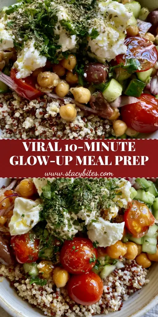A vibrant Mediterranean quinoa salad with red and white grains, cherry tomatoes, and feta in a white bowl. (quinoa salad)