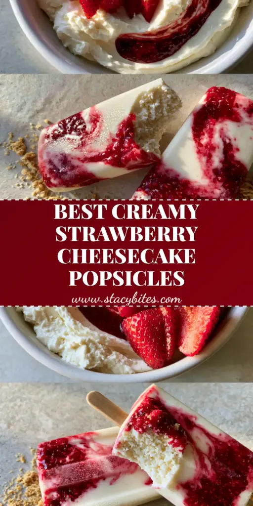 Strawberry Cheesecake Popsicles: The Ultimate Creamy Summer Treat 3 A vertical Pinterest pin showing two marbled strawberry cheesecake popsicles with a graham cracker crust on a stone background. (strawberry cheesecake popsicles)