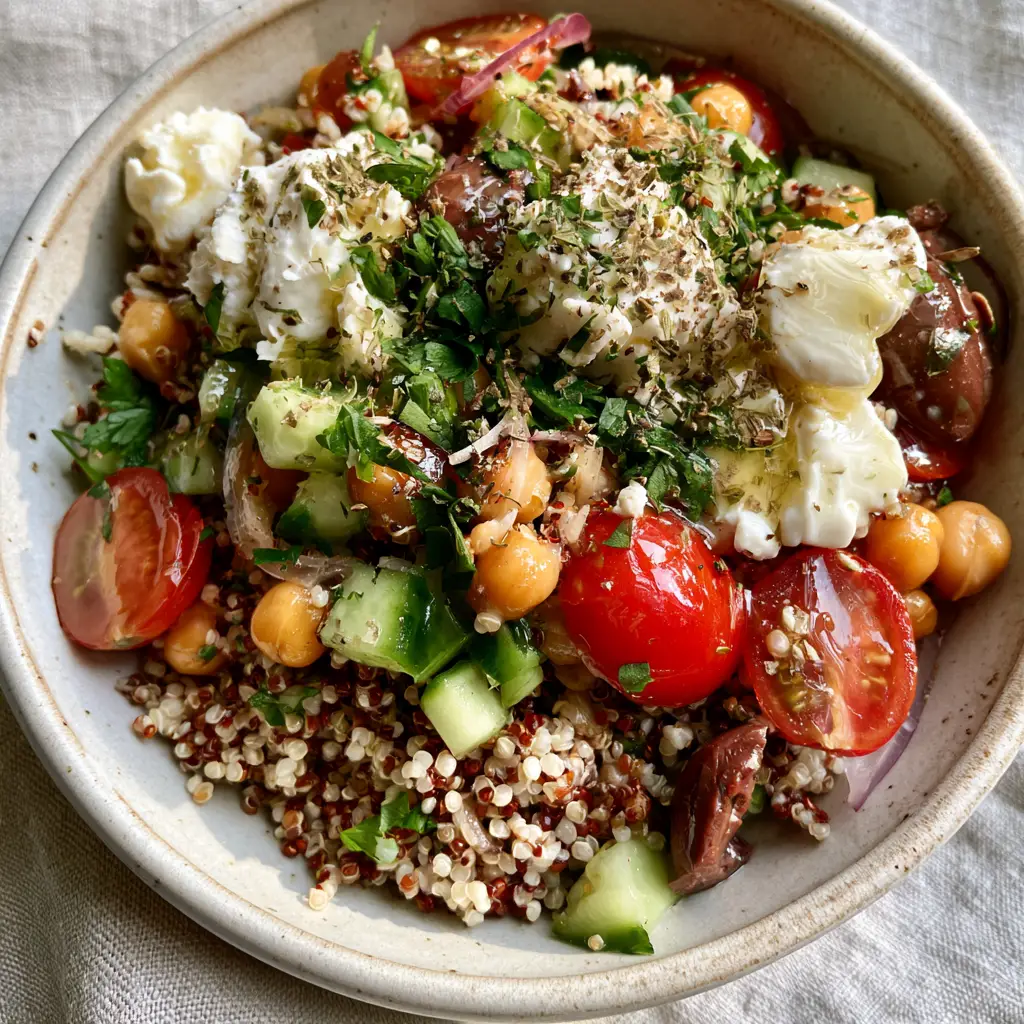 Macro top-down view of fluffy white and red quinoa salad with glossy chickpeas and feta. (quinoa salad)