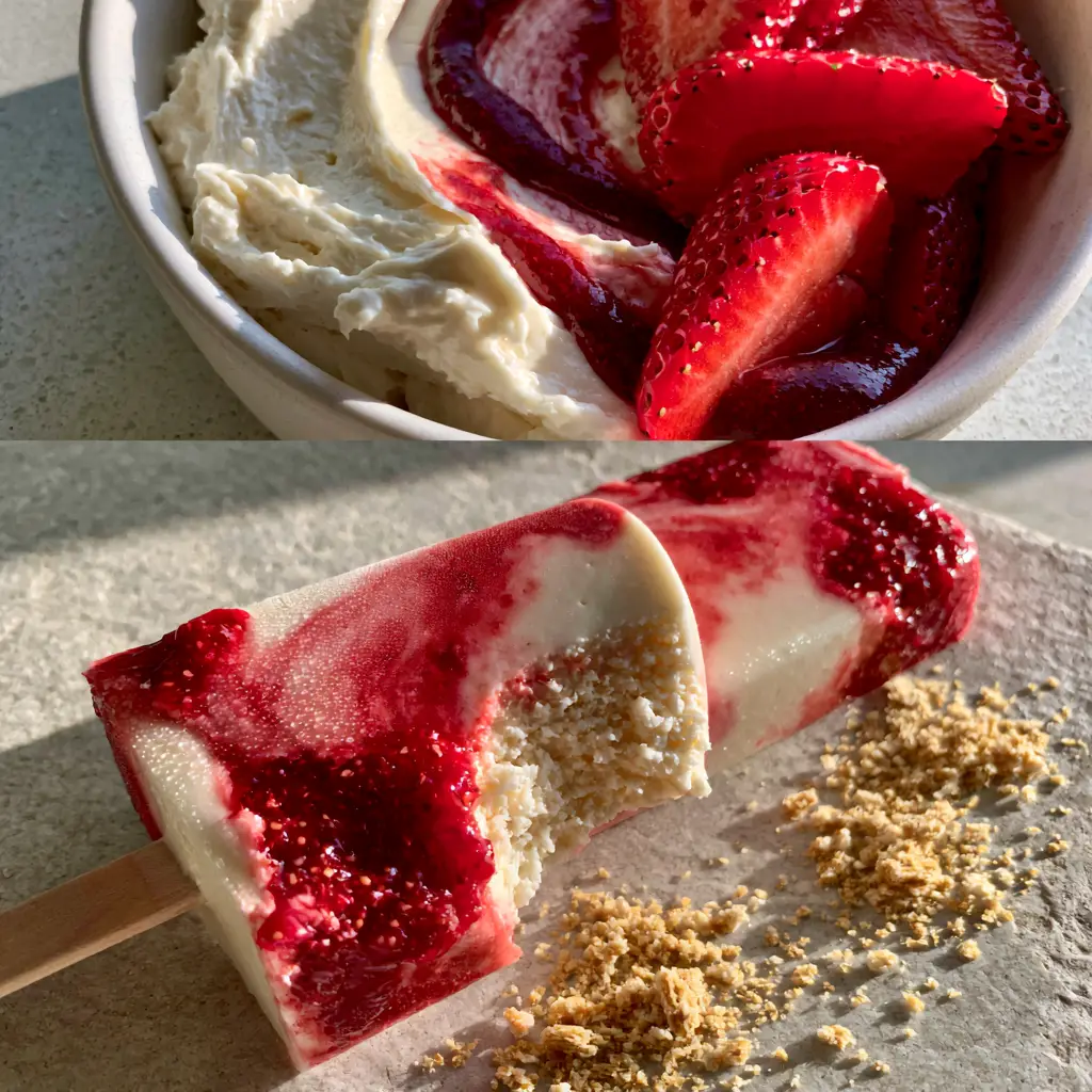 Split screen photo: top shows cream cheese, strawberries, and puree in a bowl; bottom shows finished strawberry cheesecake popsicles. (strawberry cheesecake popsicles)
