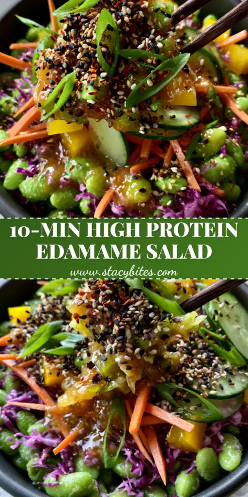 A close-up vertical shot of Japanese edamame salad featuring bright green beans, purple cabbage, and a glossy ginger-miso dressing topped with black and white sesame seeds.