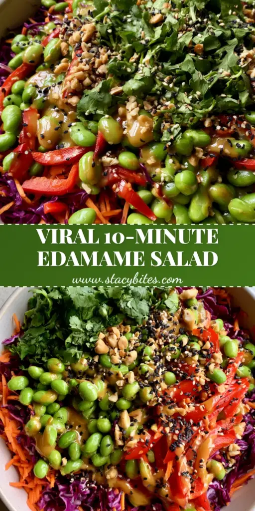 An extreme close-up overhead shot of a vibrant edamame salad featuring purple cabbage, edamame, and glossy dressing in a cream ceramic bowl.