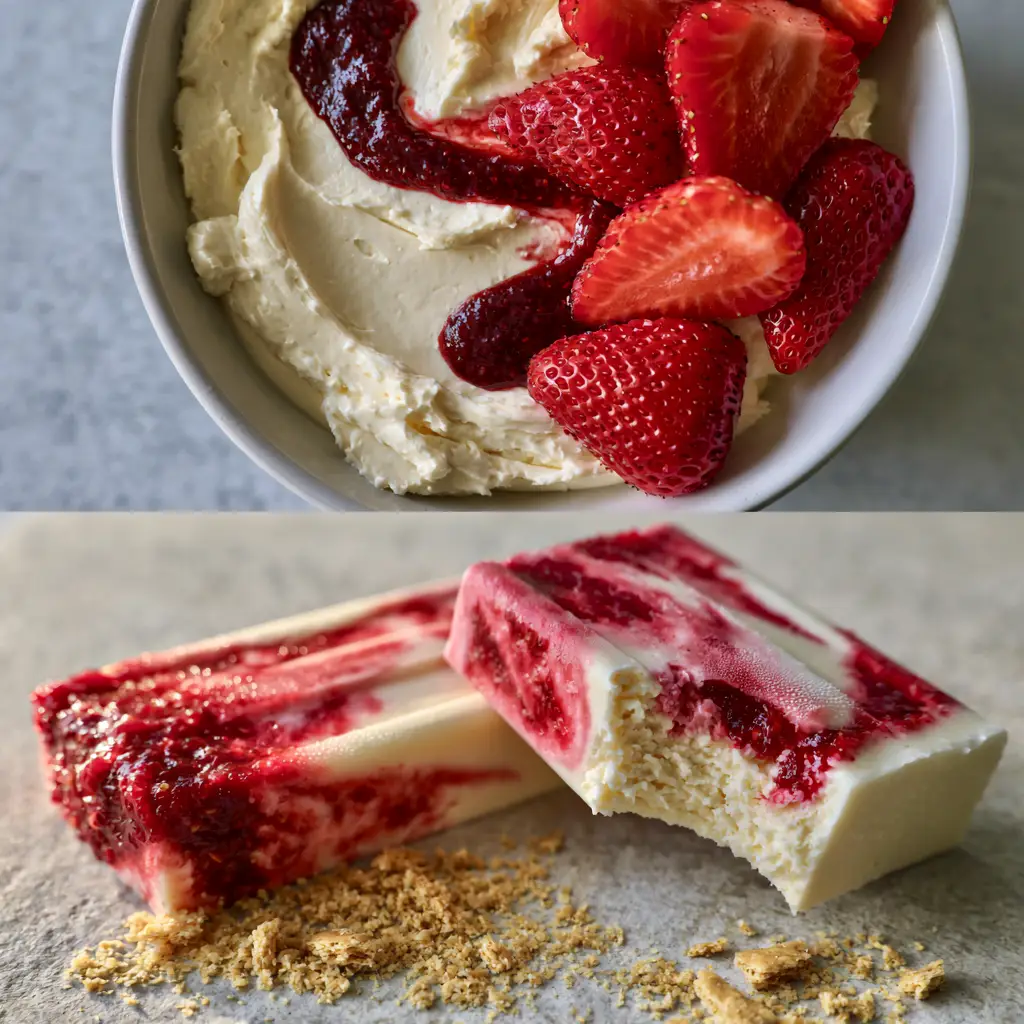 Strawberry Cheesecake Popsicles: The Ultimate Creamy Summer Treat 1 Close up of a strawberry cheesecake popsicle with a bite taken out, showing the ultra-creamy, non-icy interior.