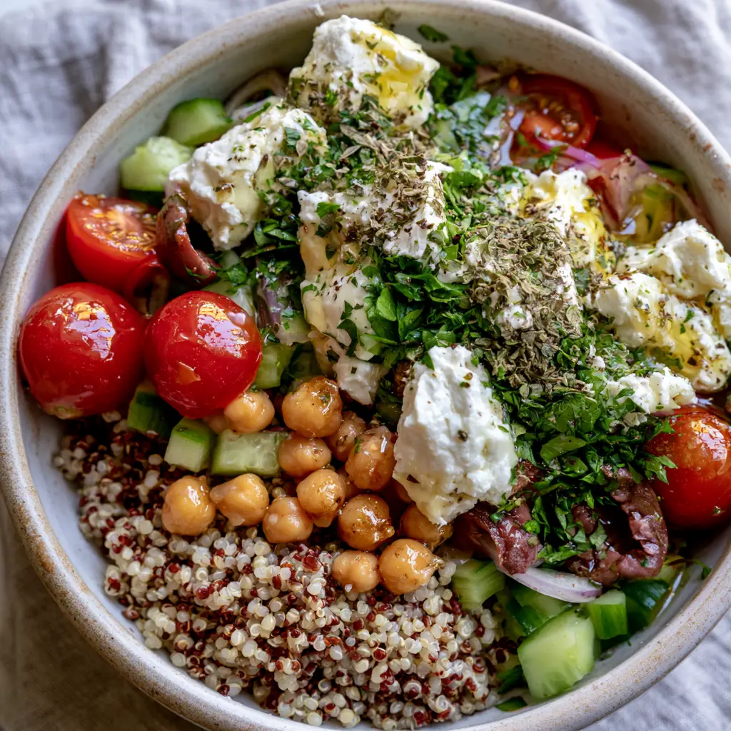 Freshly prepared quinoa salad in a rustic ceramic bowl showing translucent lemon vinaigrette sheen.